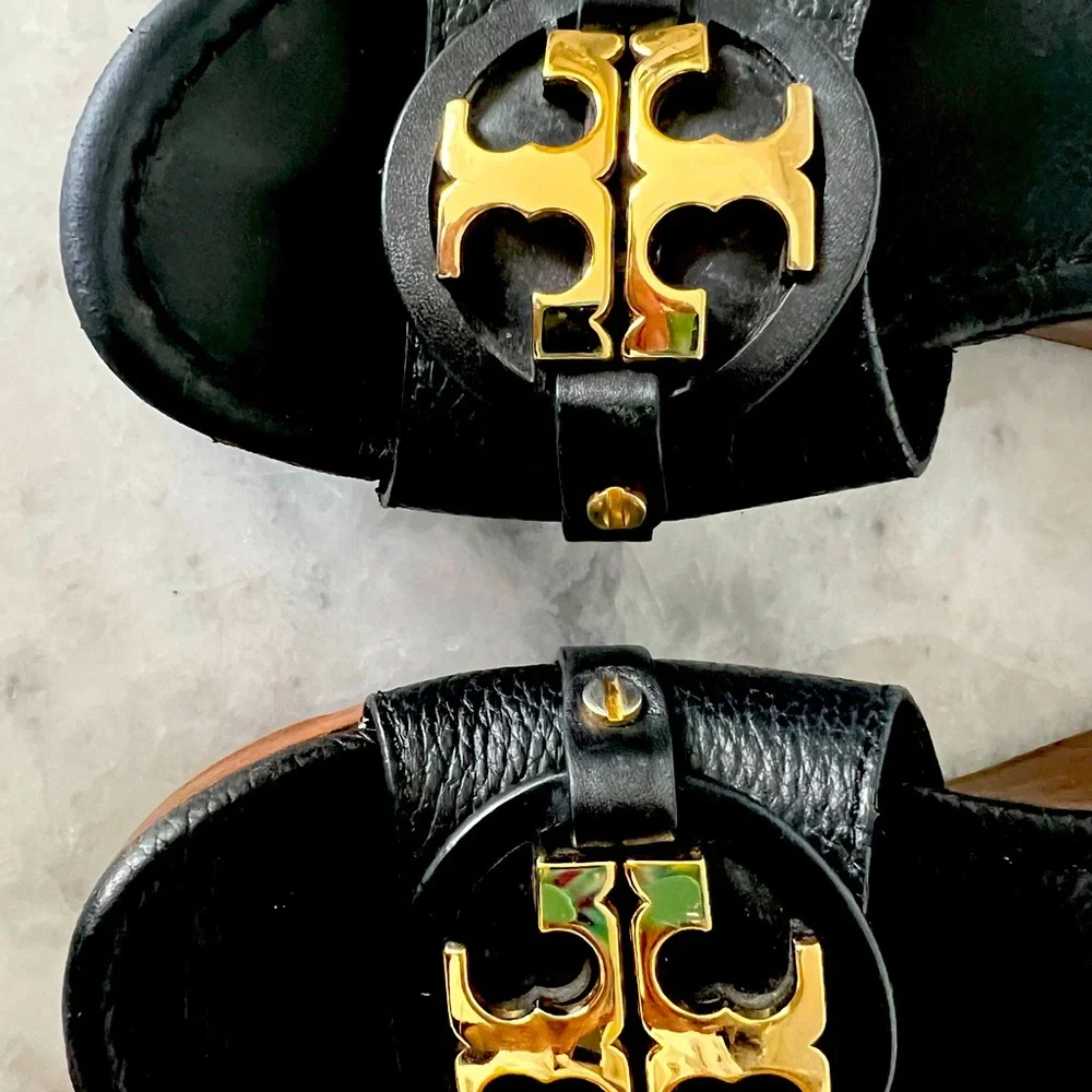 Tory Burch Black Leather Wedge Slides with Gold Logo